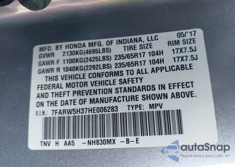 2017 Honda Cr-V Lx from USA, damaged, VIN 7FARW5H37HE006283
